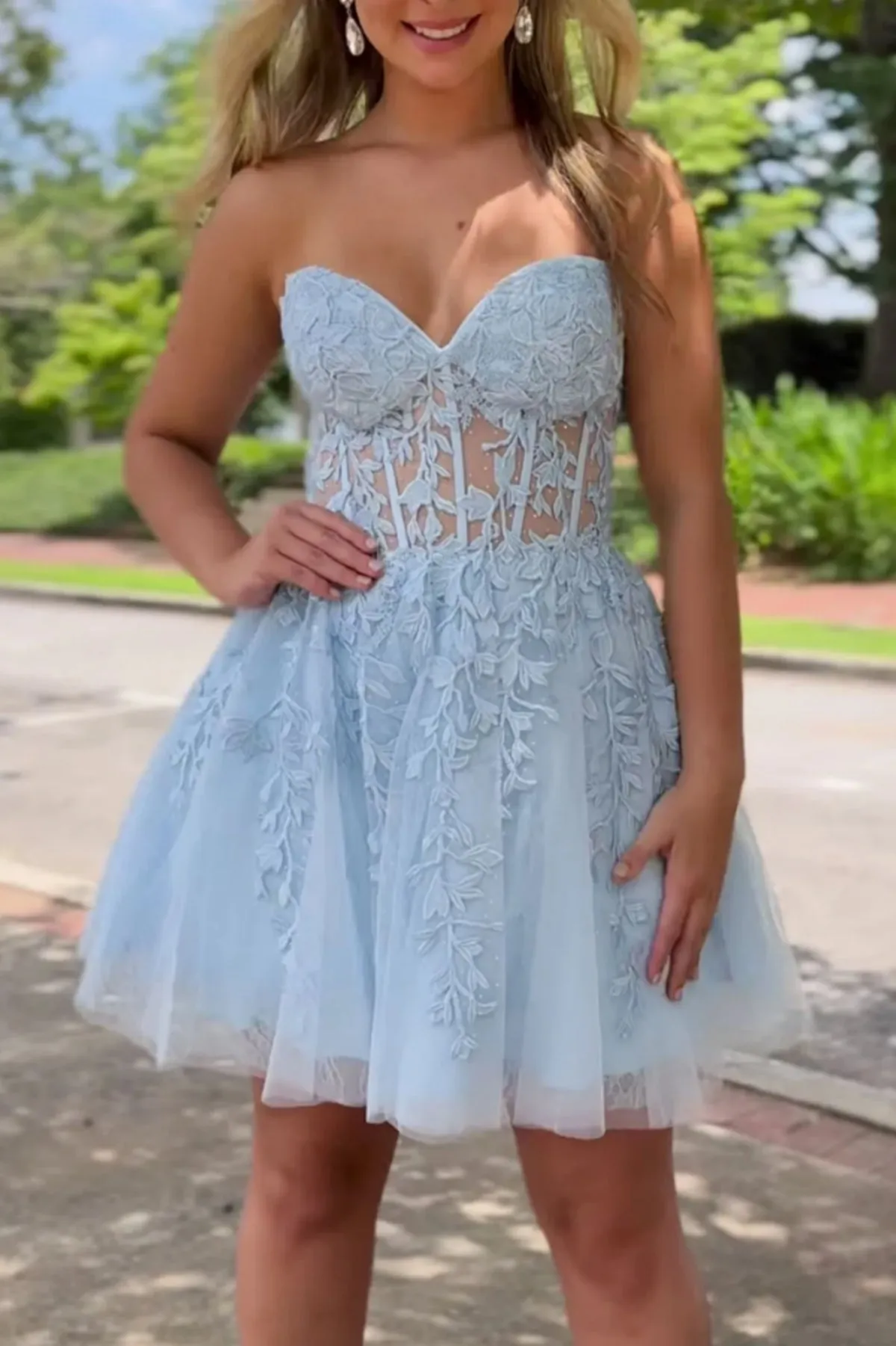 Strapless Light Blue Lace Prom Dress, Light Blue Lace Homecoming Dress, Short Light Blue Formal Evening Dress A1910