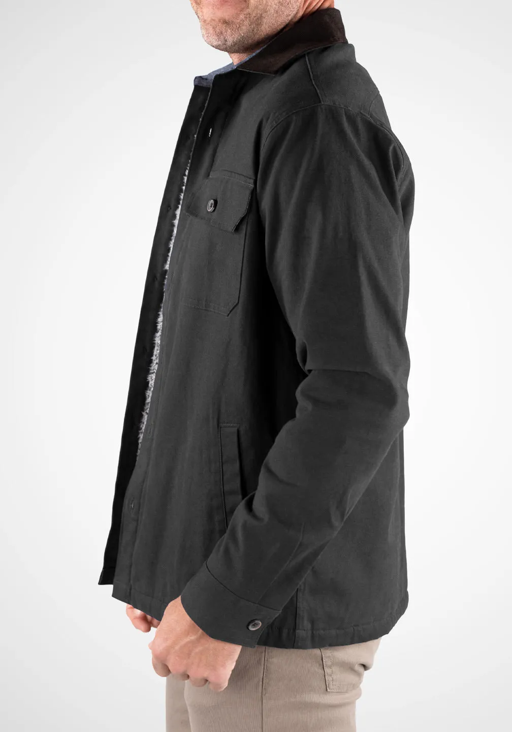 Stretch Canvas Shirt Jacket With Sherpa Lining