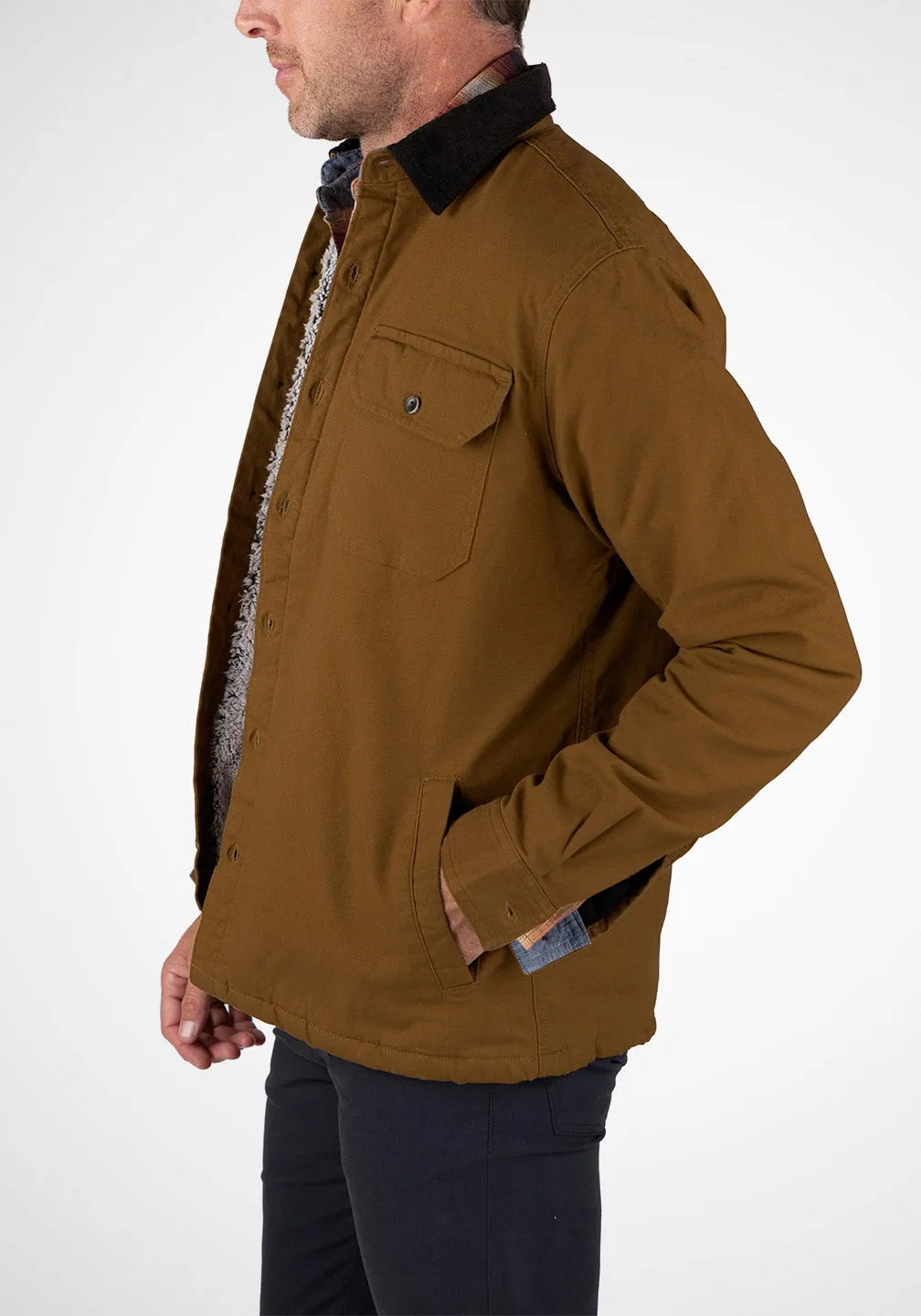 Stretch Canvas Shirt Jacket With Sherpa Lining