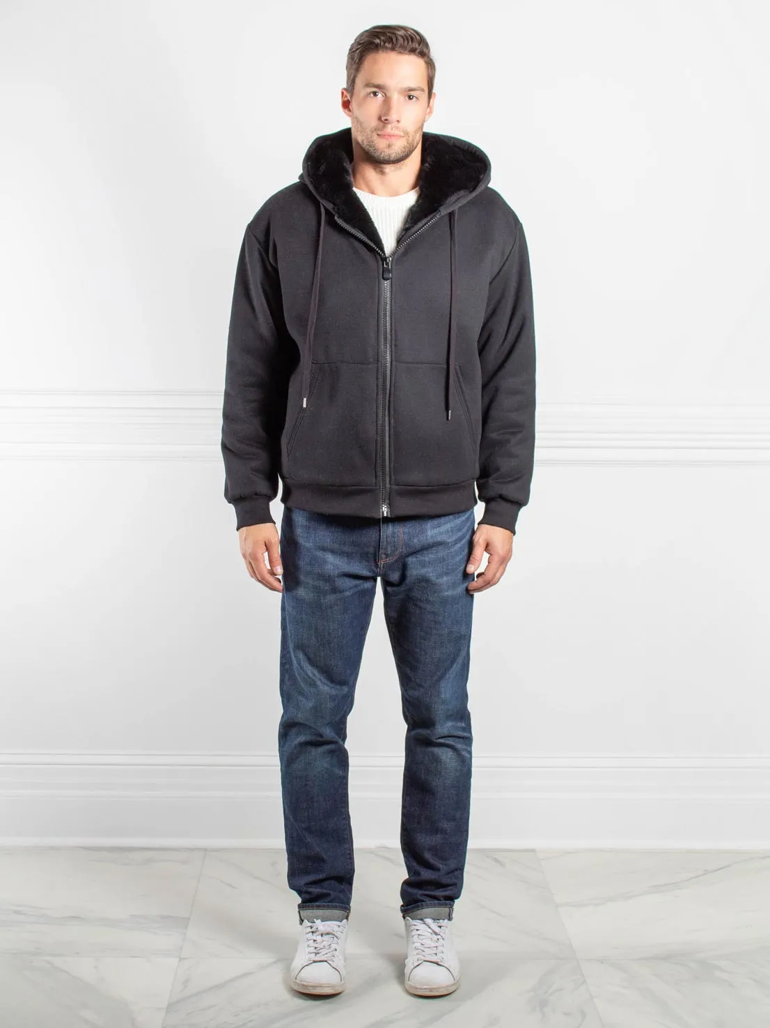 Tall Mens Rabbit Lined Hooded Zip Sweatshirt in Black