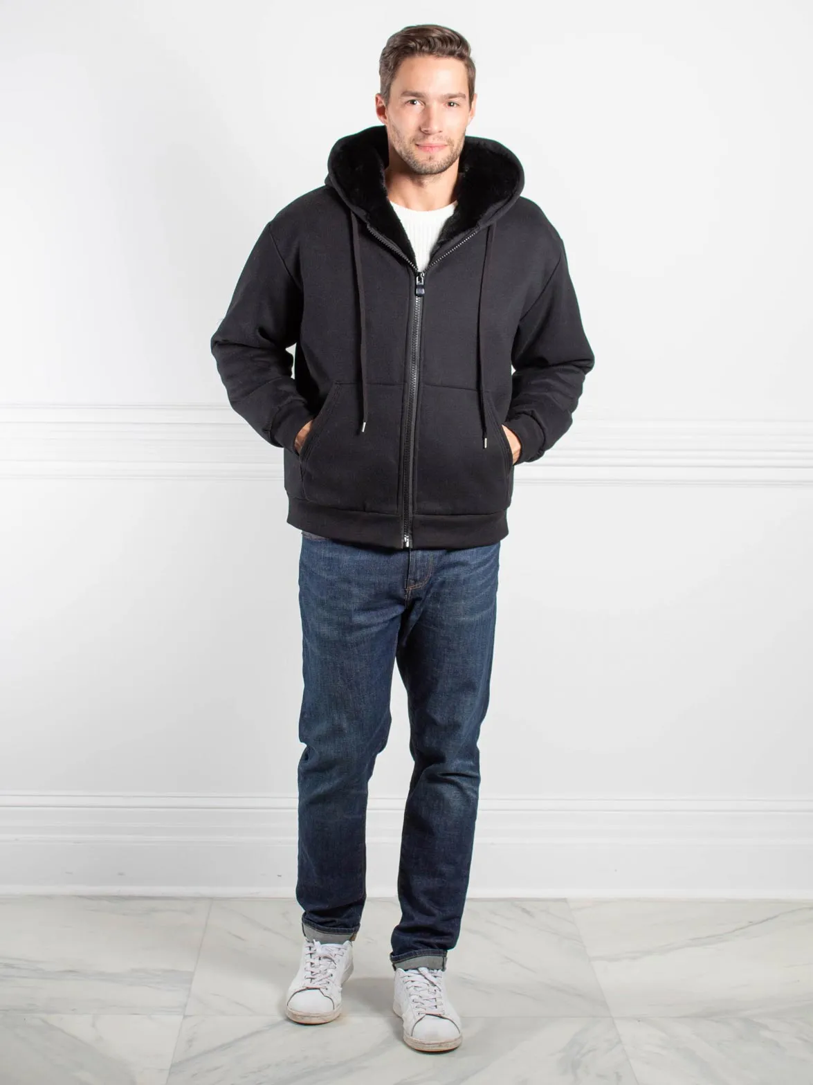 Tall Mens Rabbit Lined Hooded Zip Sweatshirt in Black