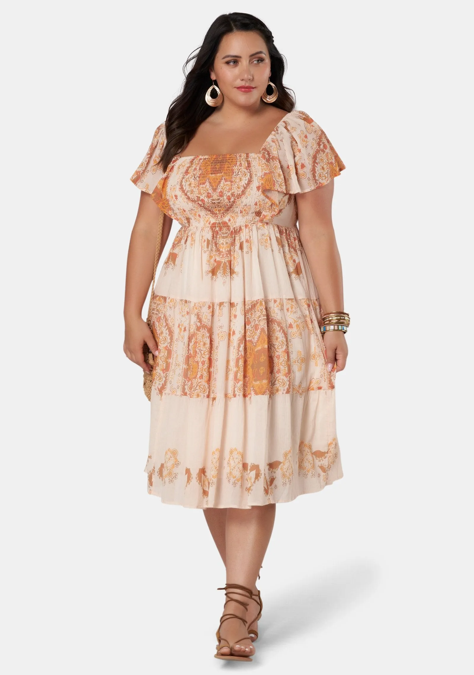 The Poetic Gypsy - Short Sleeve Flower Patch Midi Dress