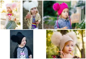 Toddlers and Kids Size Double Fur Pom Crystal Knit Braids Hat-  5 Color Choices