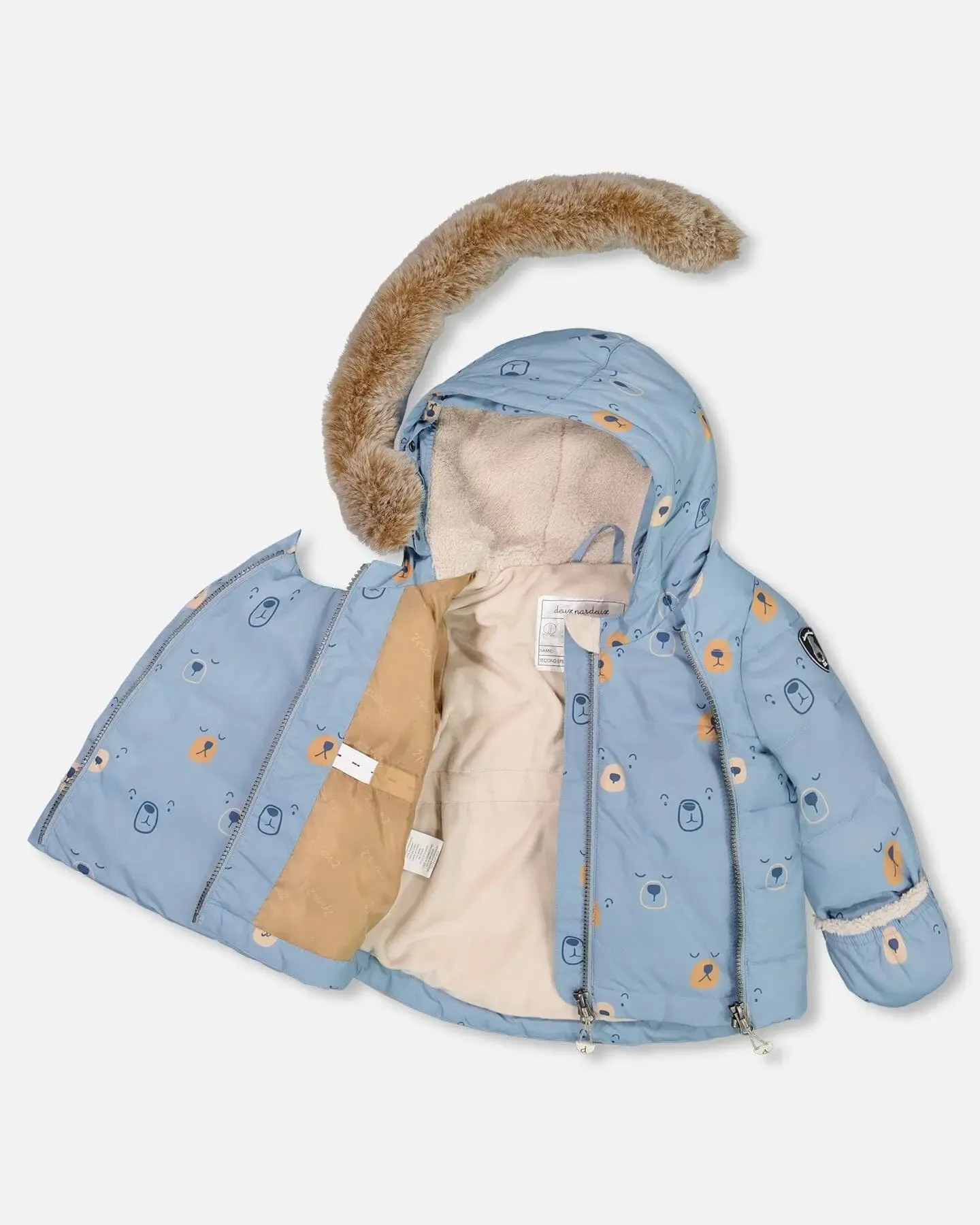 Two Piece Baby Snowsuit Blue Printed Bear Face And Doe