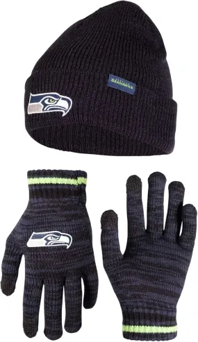 Ultra Game Adults Unisex NFL Official Super Soft Marl Knit Winter Beanie Knit Hat with Extra Warm Touch Screen Gloves|Seattle Seahawks