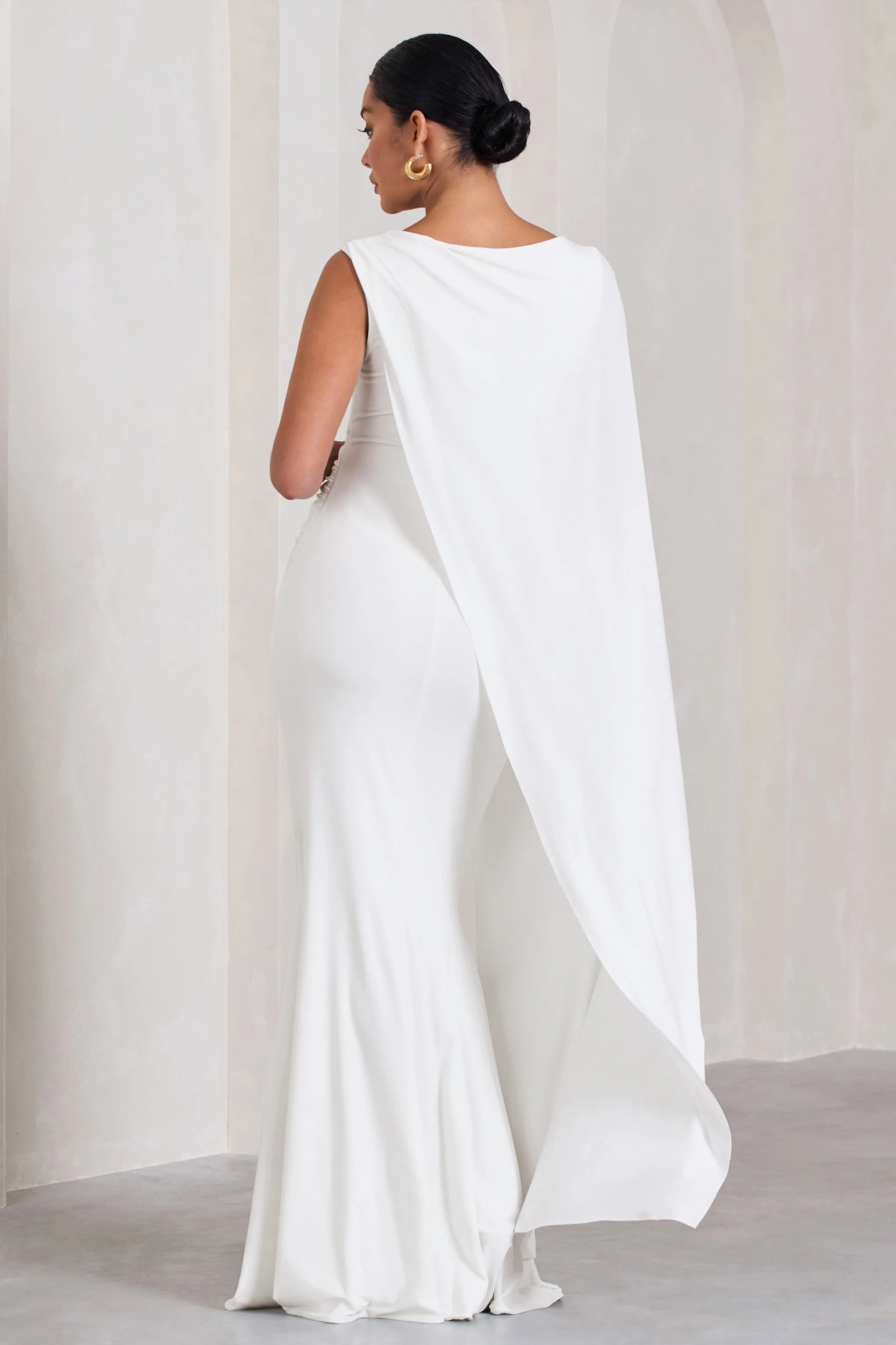 Unveil | White One-Sleeve Cape Maternity Maxi Dress