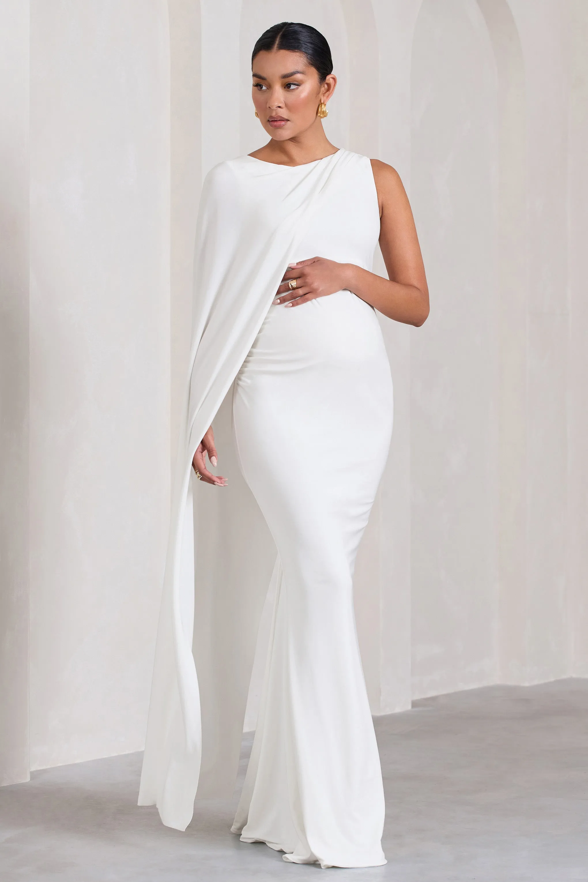 Unveil | White One-Sleeve Cape Maternity Maxi Dress