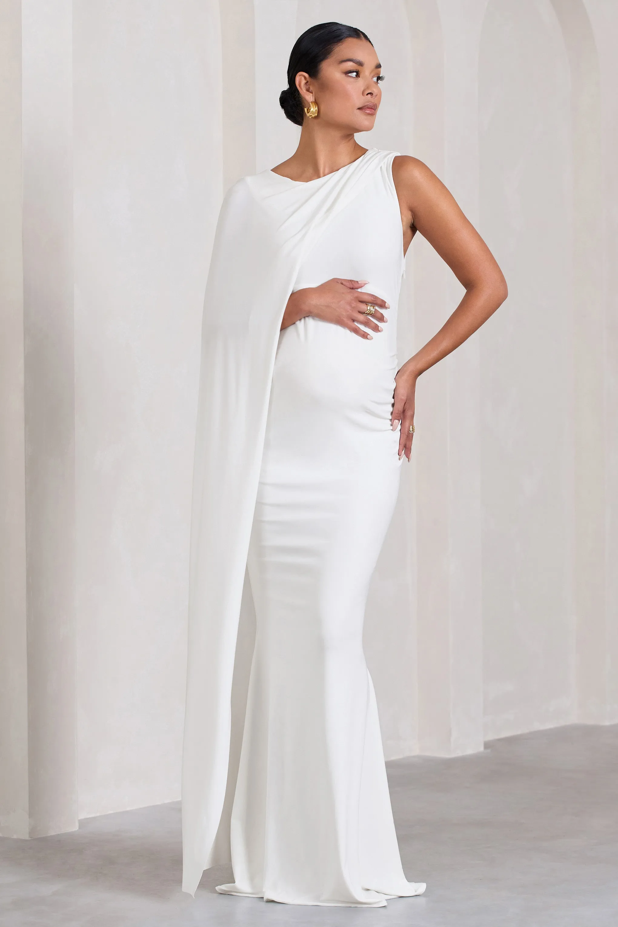 Unveil | White One-Sleeve Cape Maternity Maxi Dress