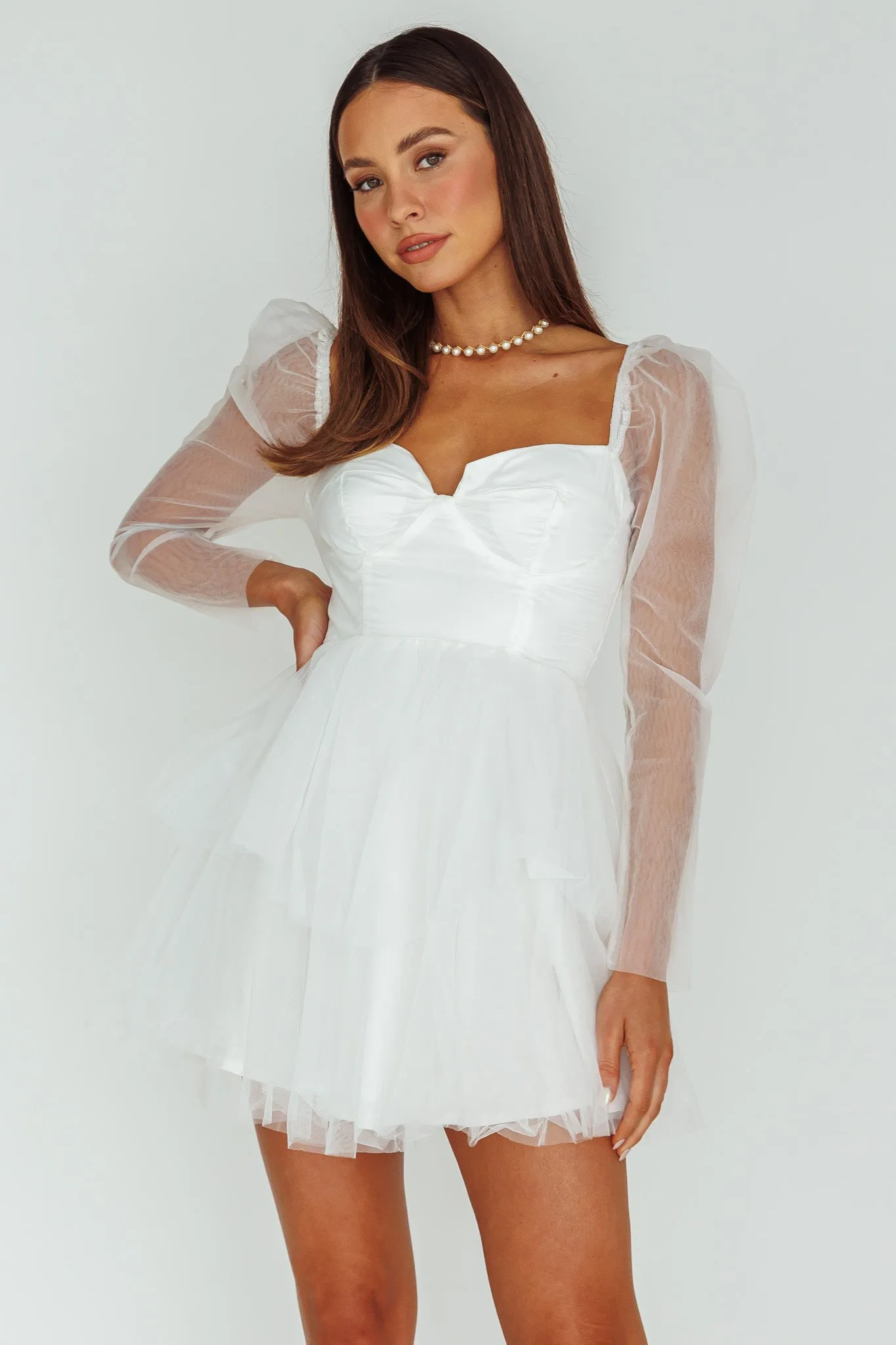 Veola Long Sleeve Tulle Mini Dress White