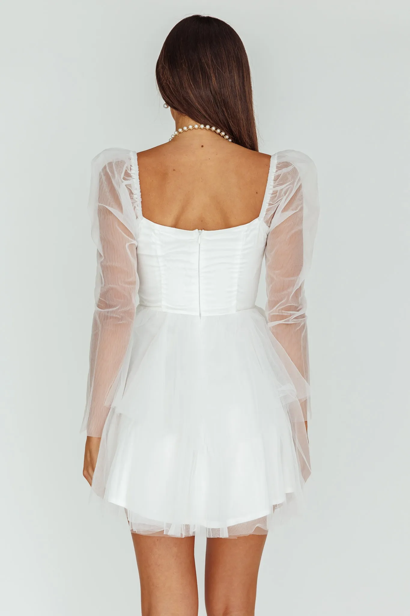 Veola Long Sleeve Tulle Mini Dress White