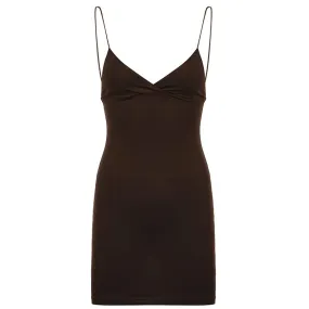 Vintage Chic V Neck Brown Mini Slip Dress Female Backless Fashion Bodycon Summer Sexy Dresses Slim Basic Party Outfit