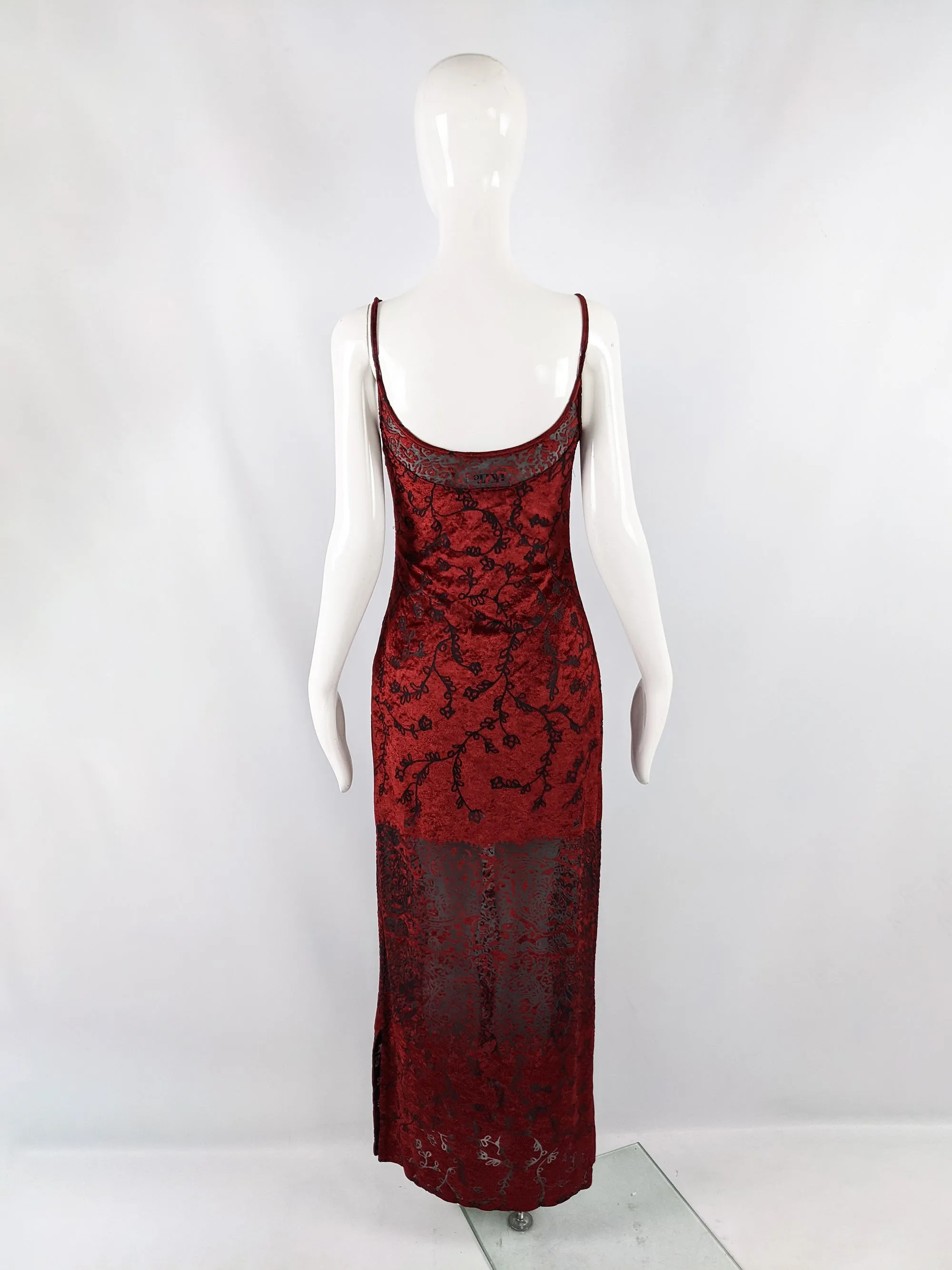 Vintage Red Burnout Velvet Devoré Maxi Dress, 1990s