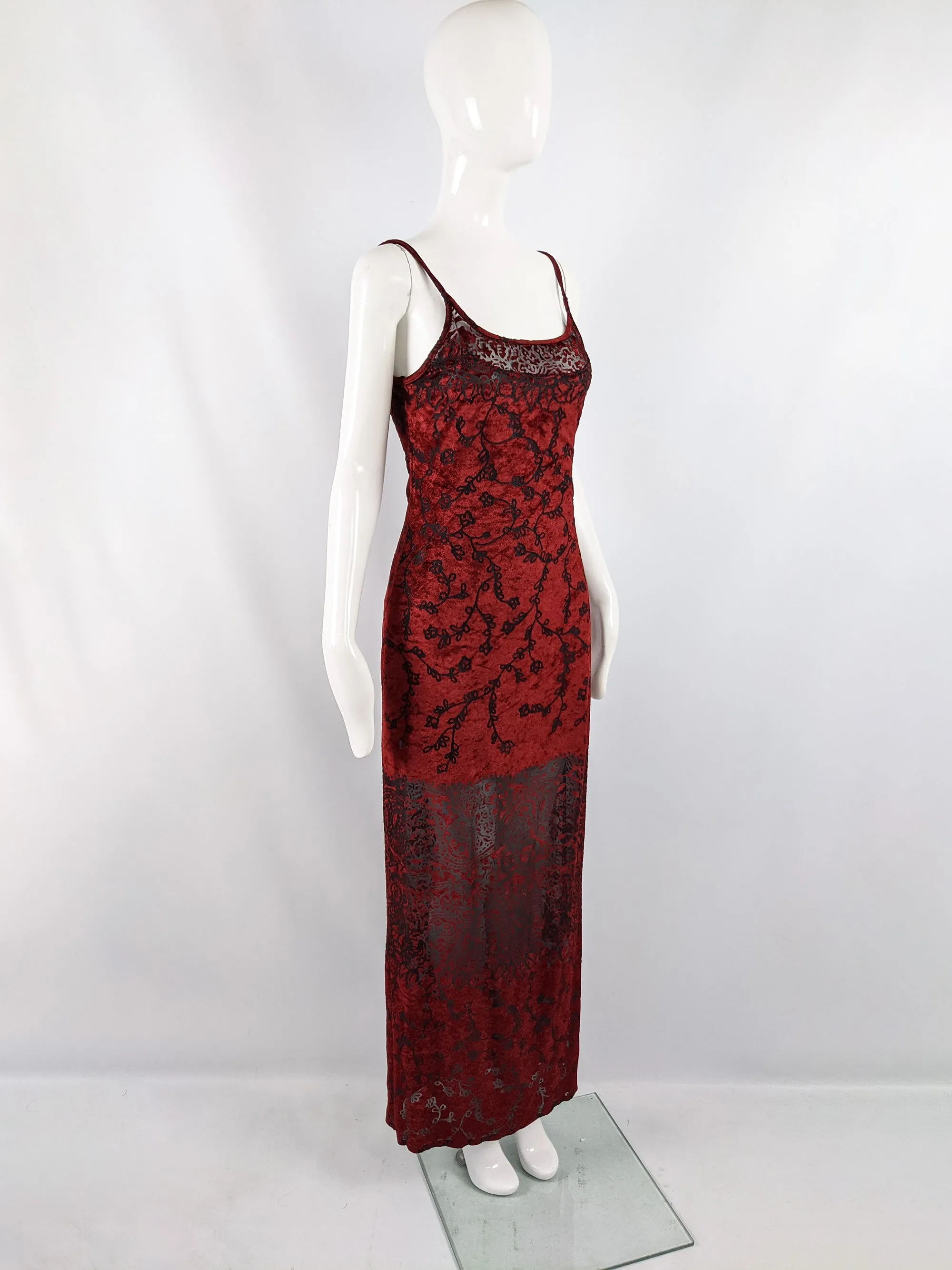 Vintage Red Burnout Velvet Devoré Maxi Dress, 1990s