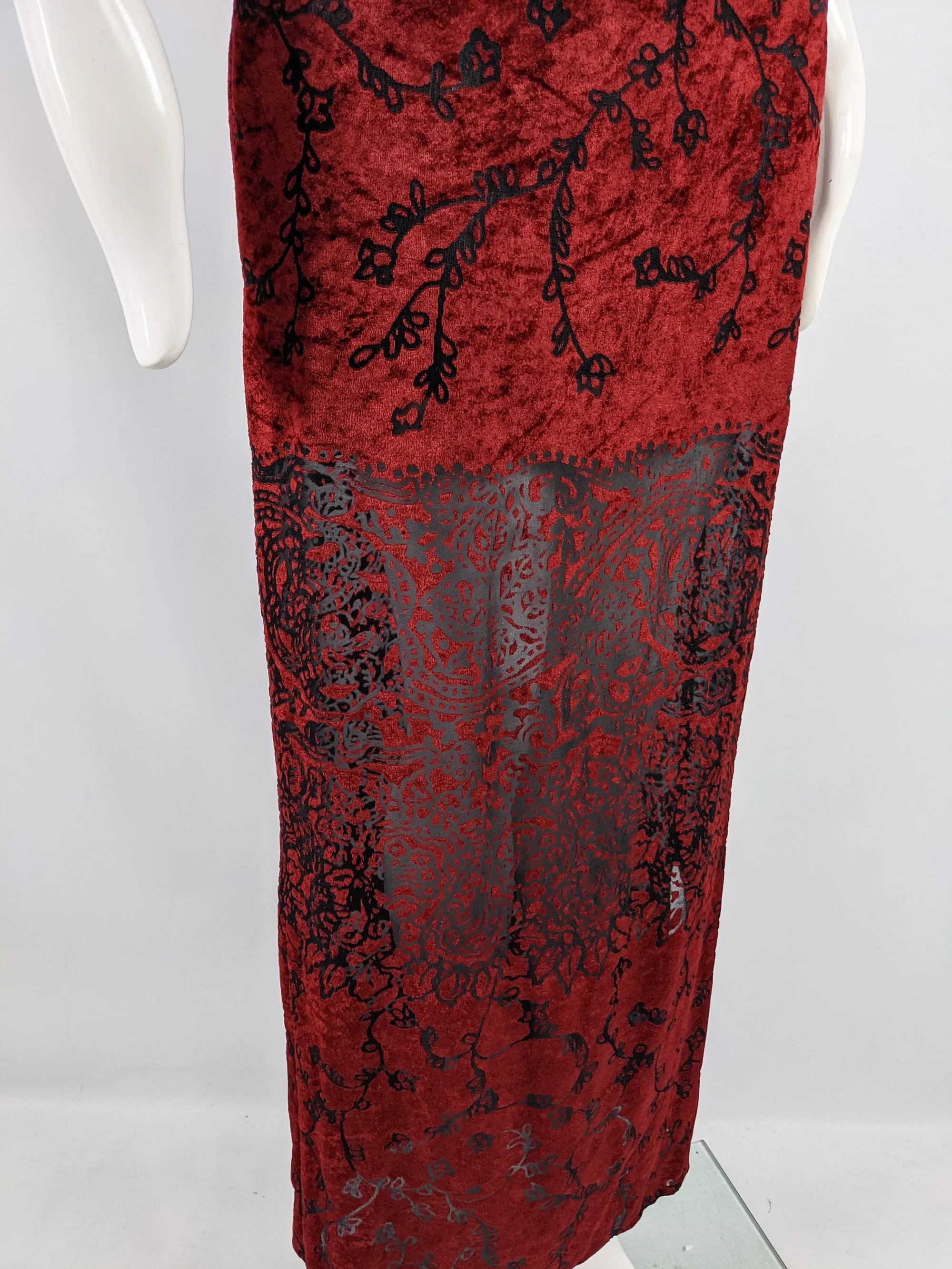 Vintage Red Burnout Velvet Devoré Maxi Dress, 1990s