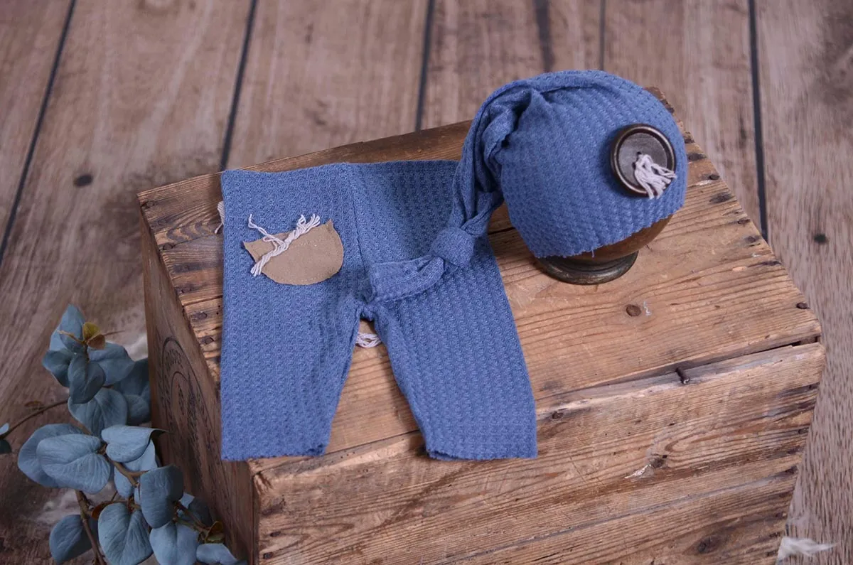 Waffle Weave Knit Pants & Hat - Light Blue