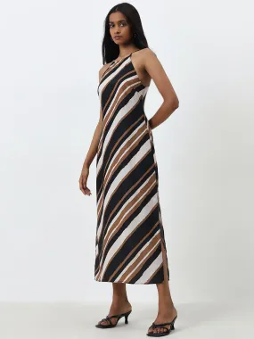 Wardrobe Beige Striped A-Line Slip Dress