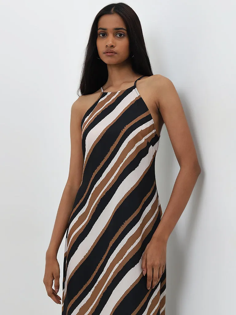 Wardrobe Beige Striped A-Line Slip Dress