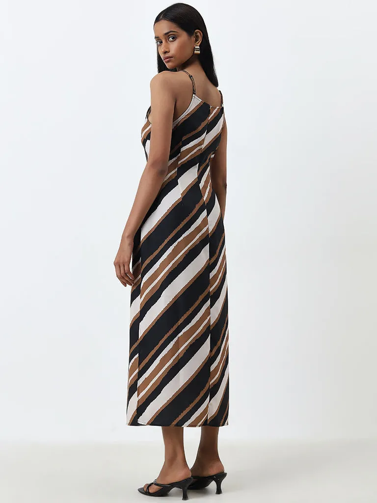 Wardrobe Beige Striped A-Line Slip Dress