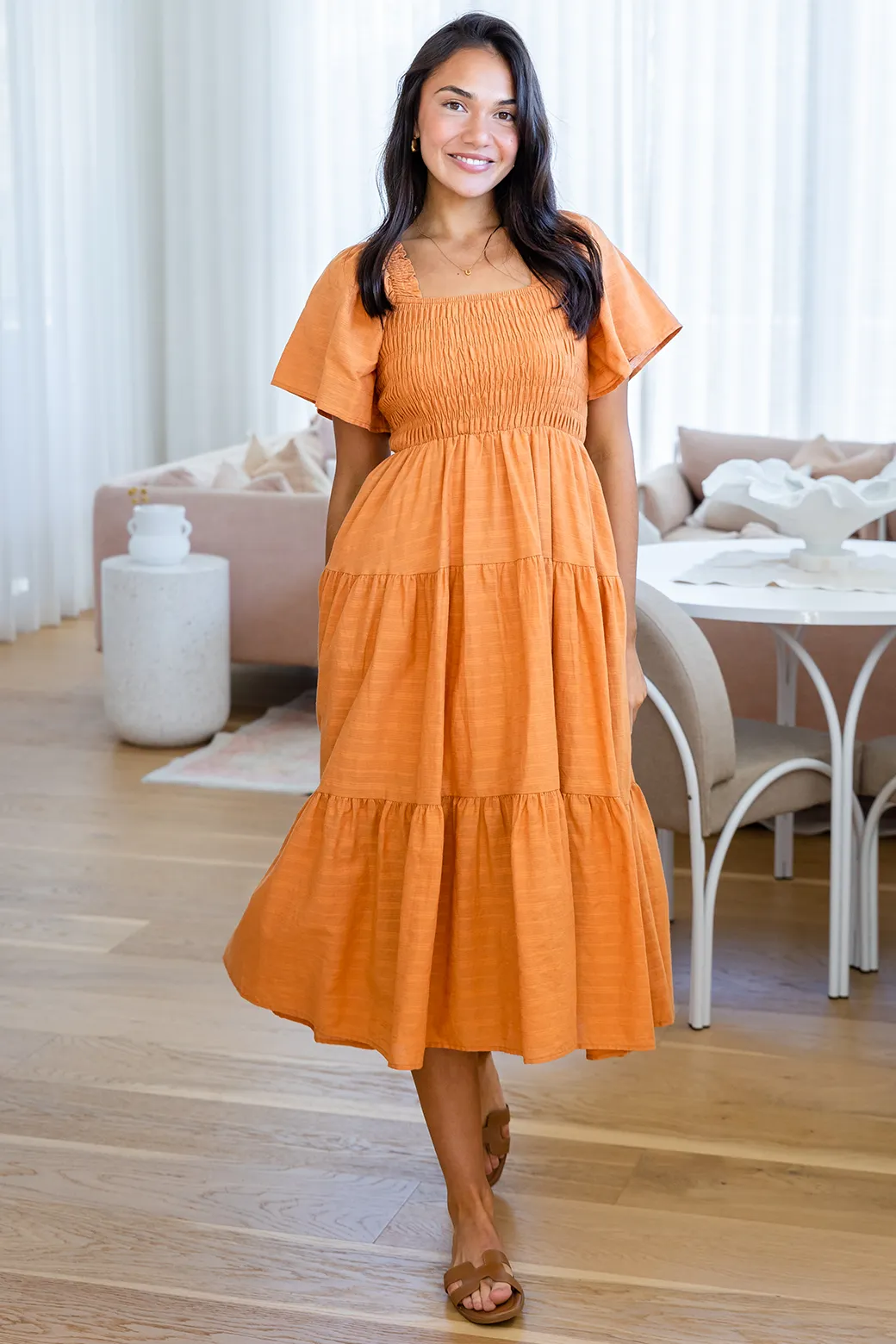 Willow Shirred Midi Dress Caramel Orange