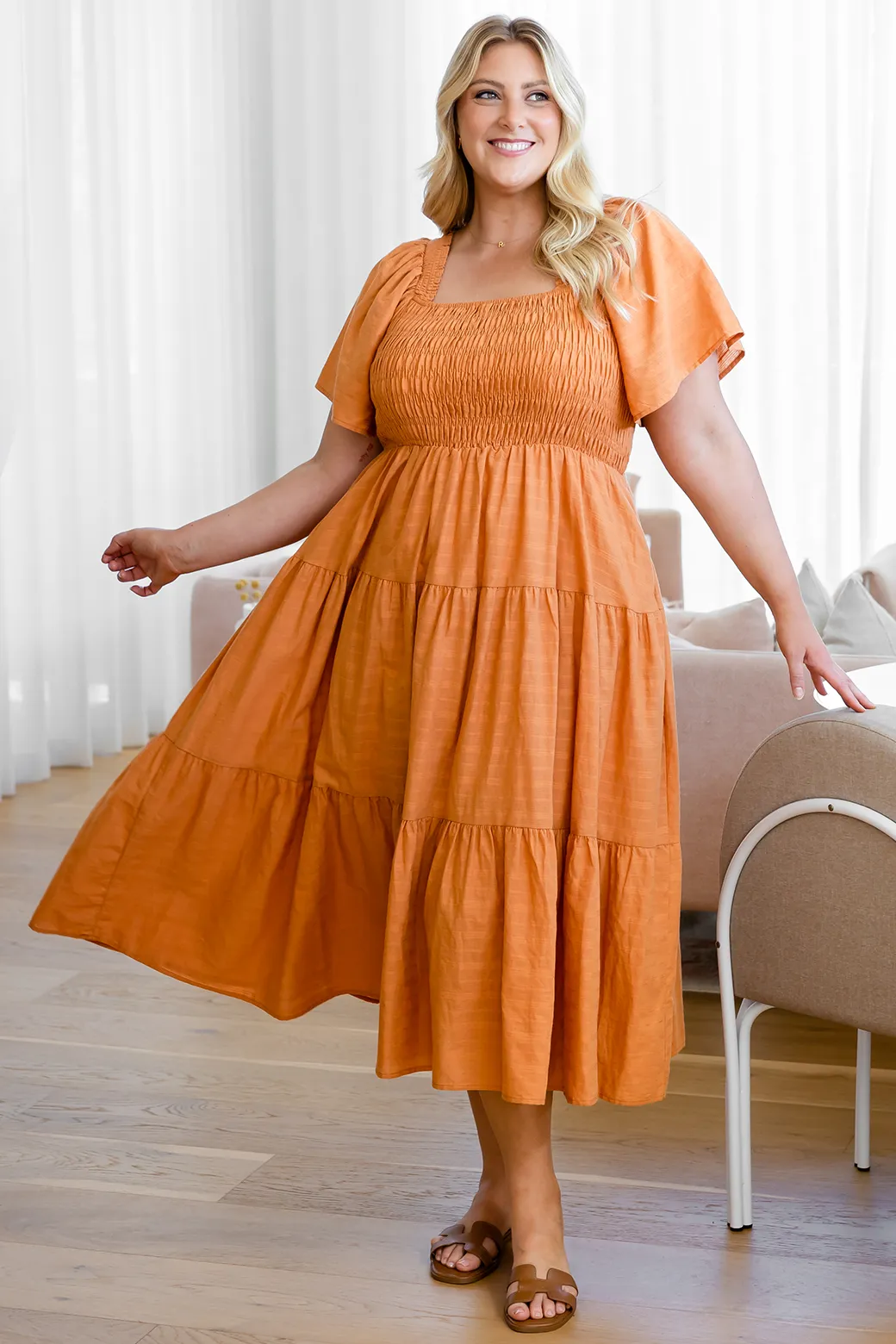 Willow Shirred Midi Dress Caramel Orange