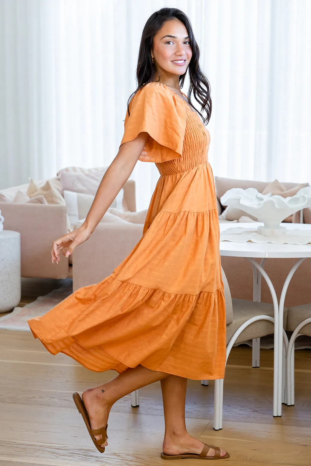 Willow Shirred Midi Dress Caramel Orange