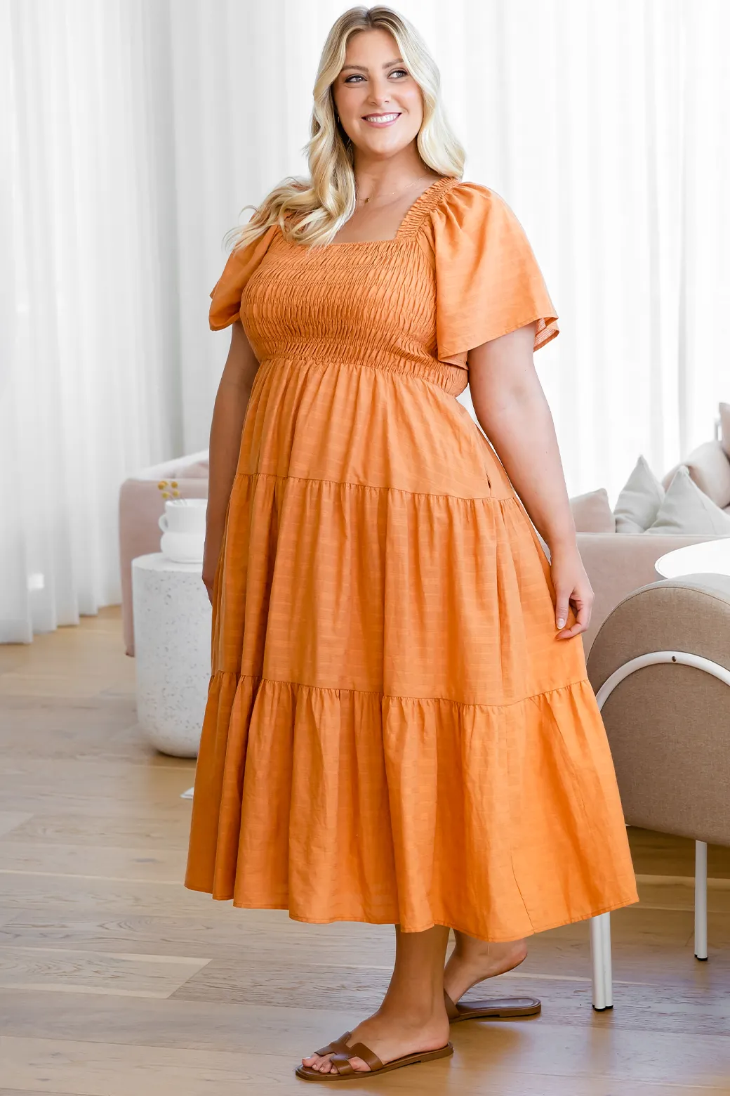 Willow Shirred Midi Dress Caramel Orange