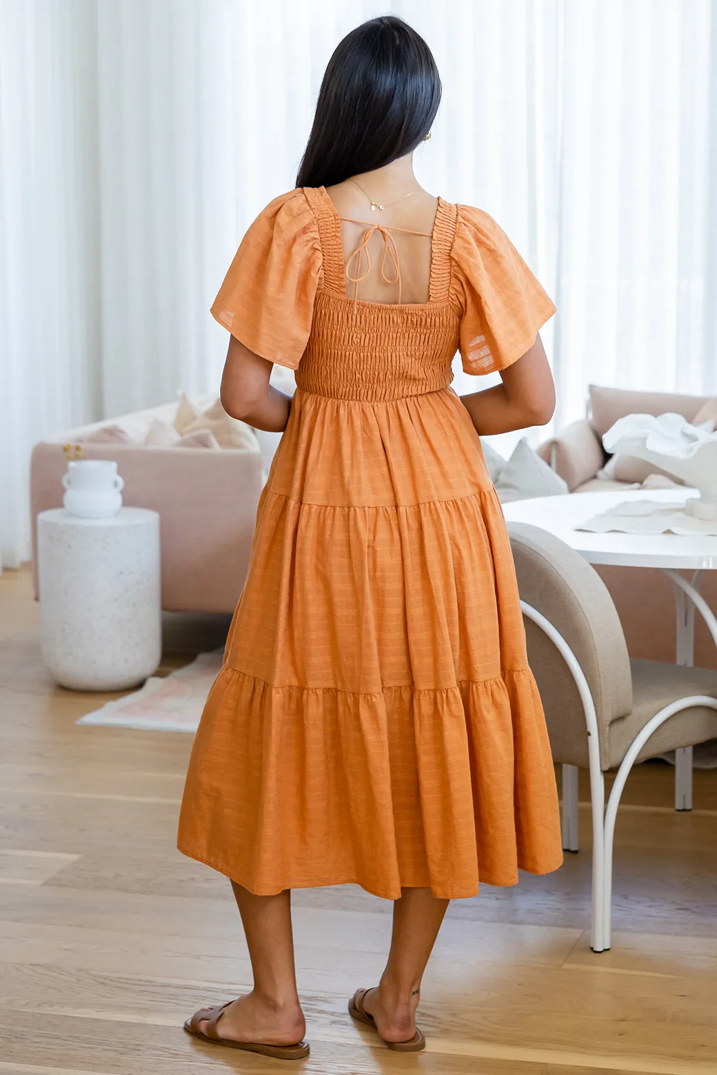 Willow Shirred Midi Dress Caramel Orange