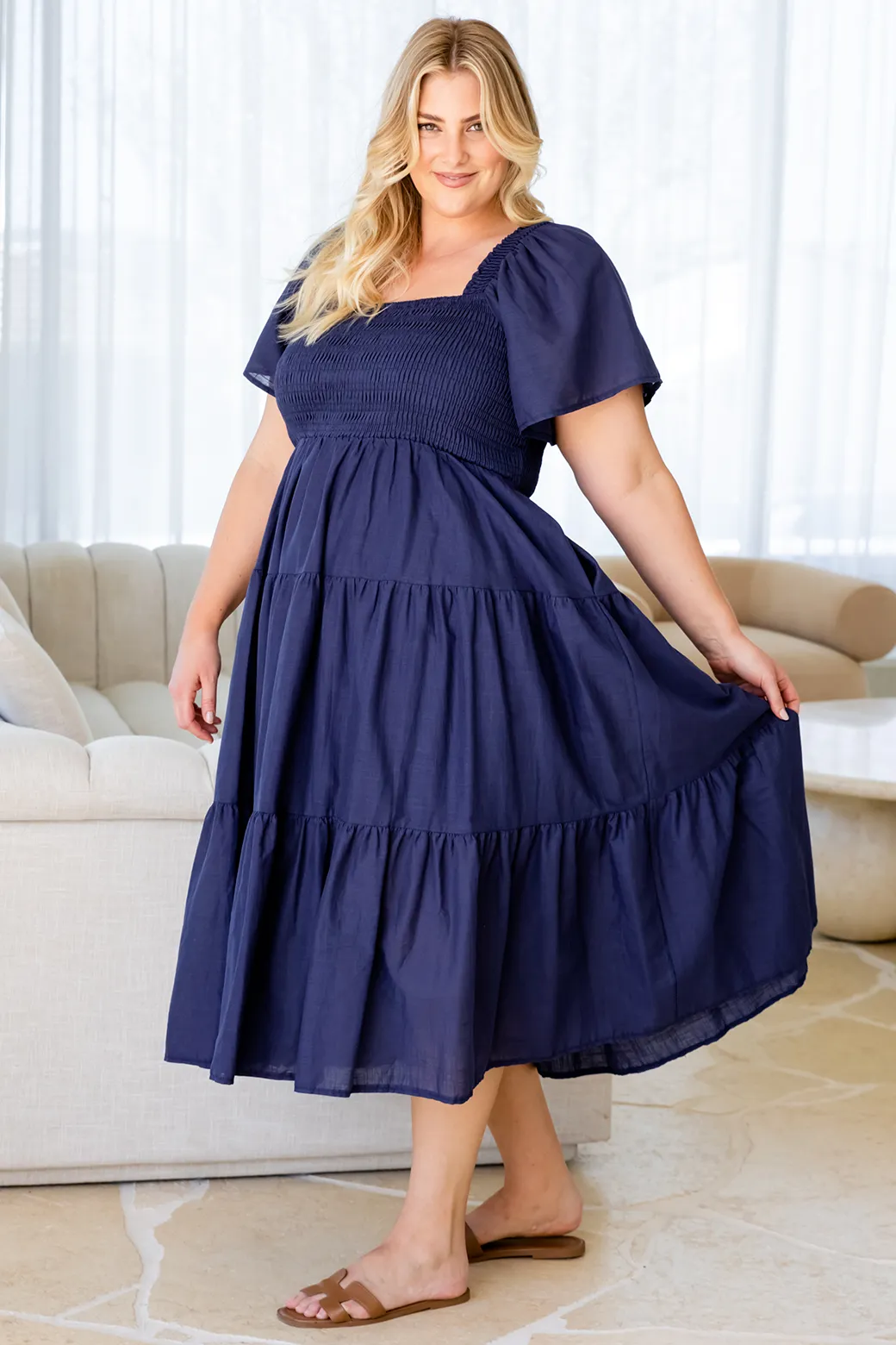 Willow Shirred Midi Dress Navy