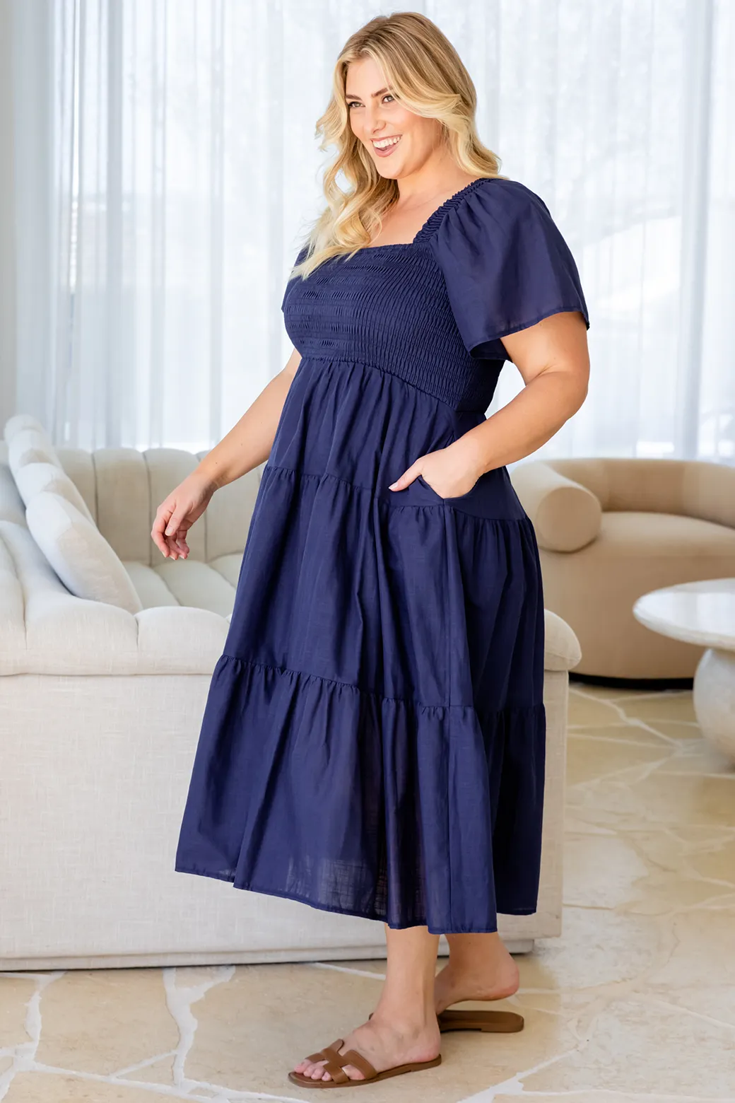 Willow Shirred Midi Dress Navy