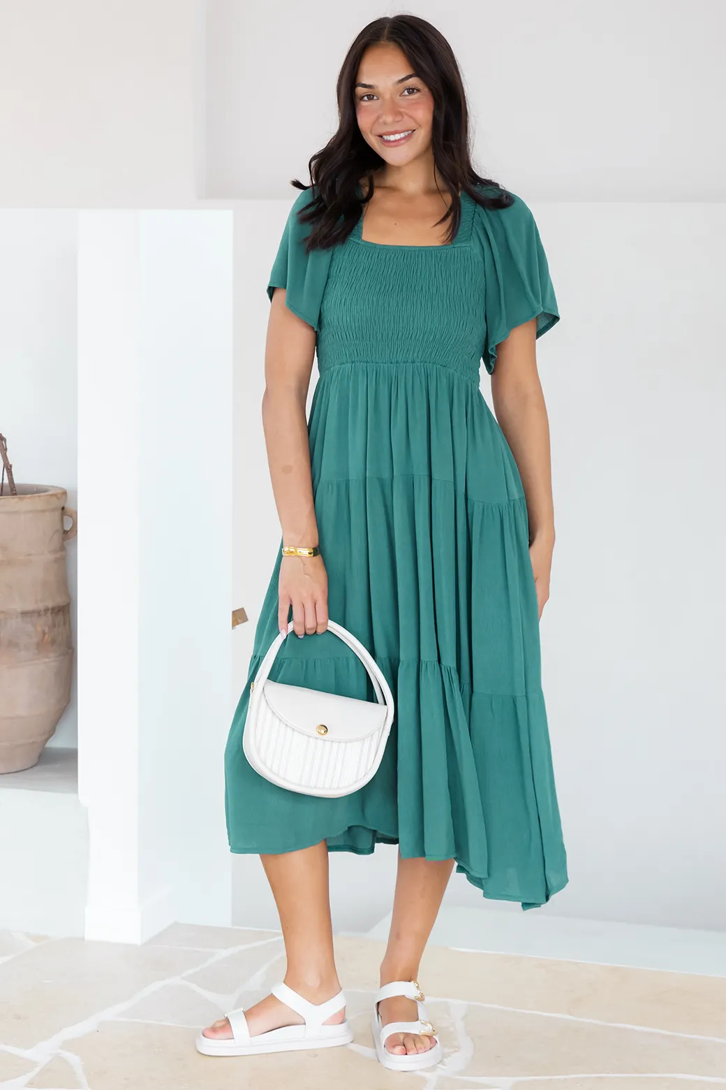 Willow Shirred Midi Dress Spruced Up Green