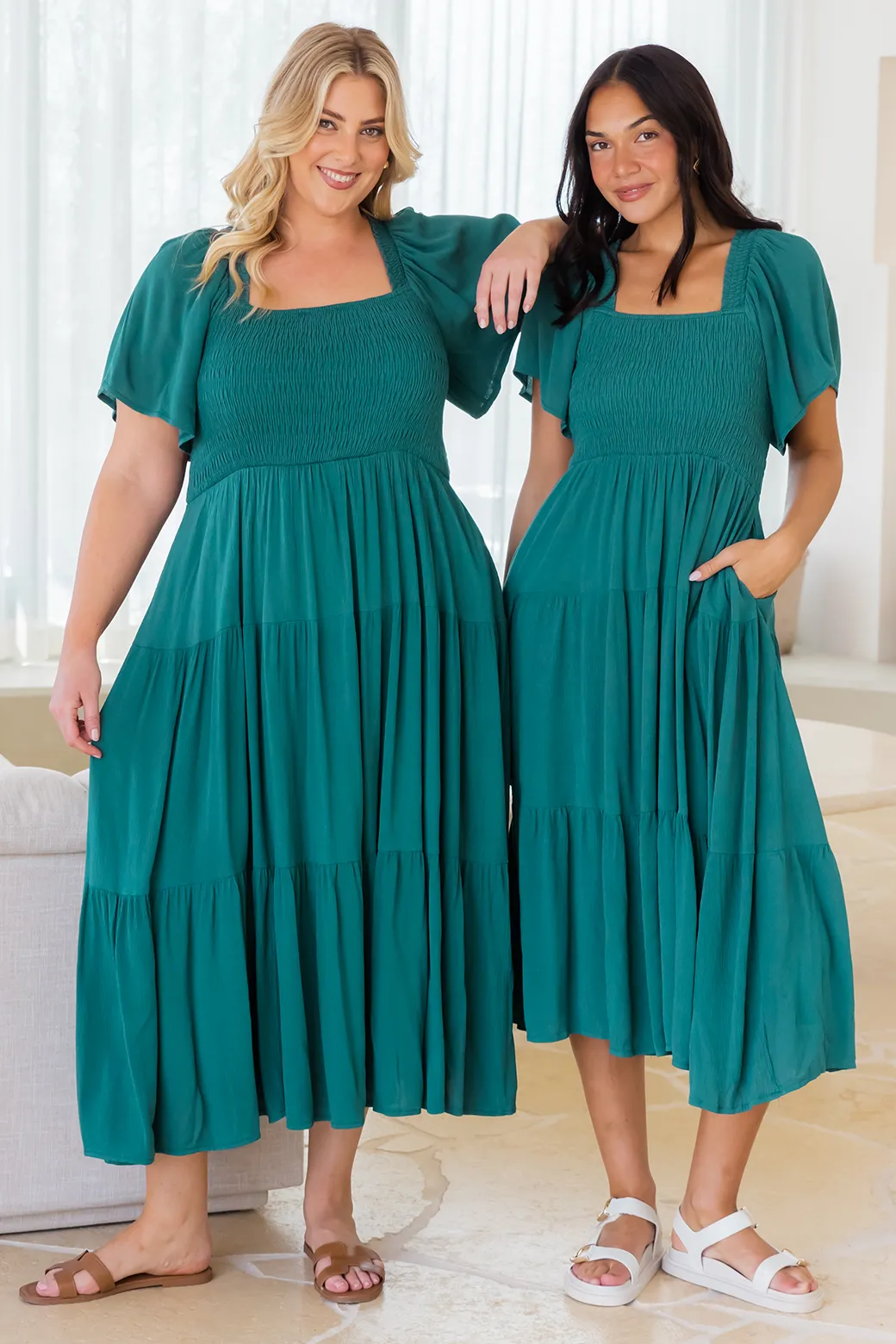 Willow Shirred Midi Dress Spruced Up Green