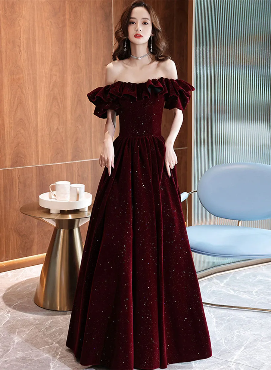 Wine Red Off Shoulder Sweetheart Party Dress, A-line Prom Dress Formal Dress