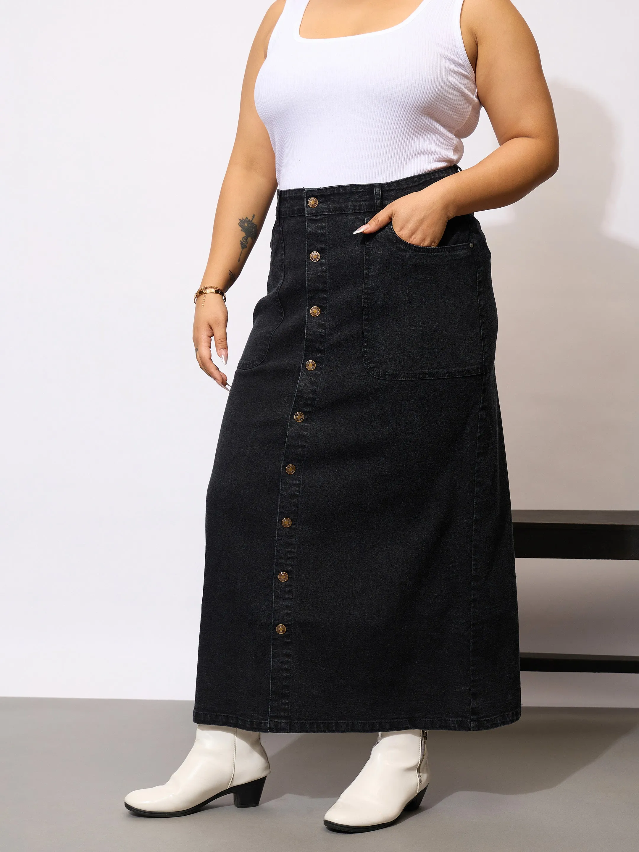 Women Black Denim Acid Wash Front Button Skirt