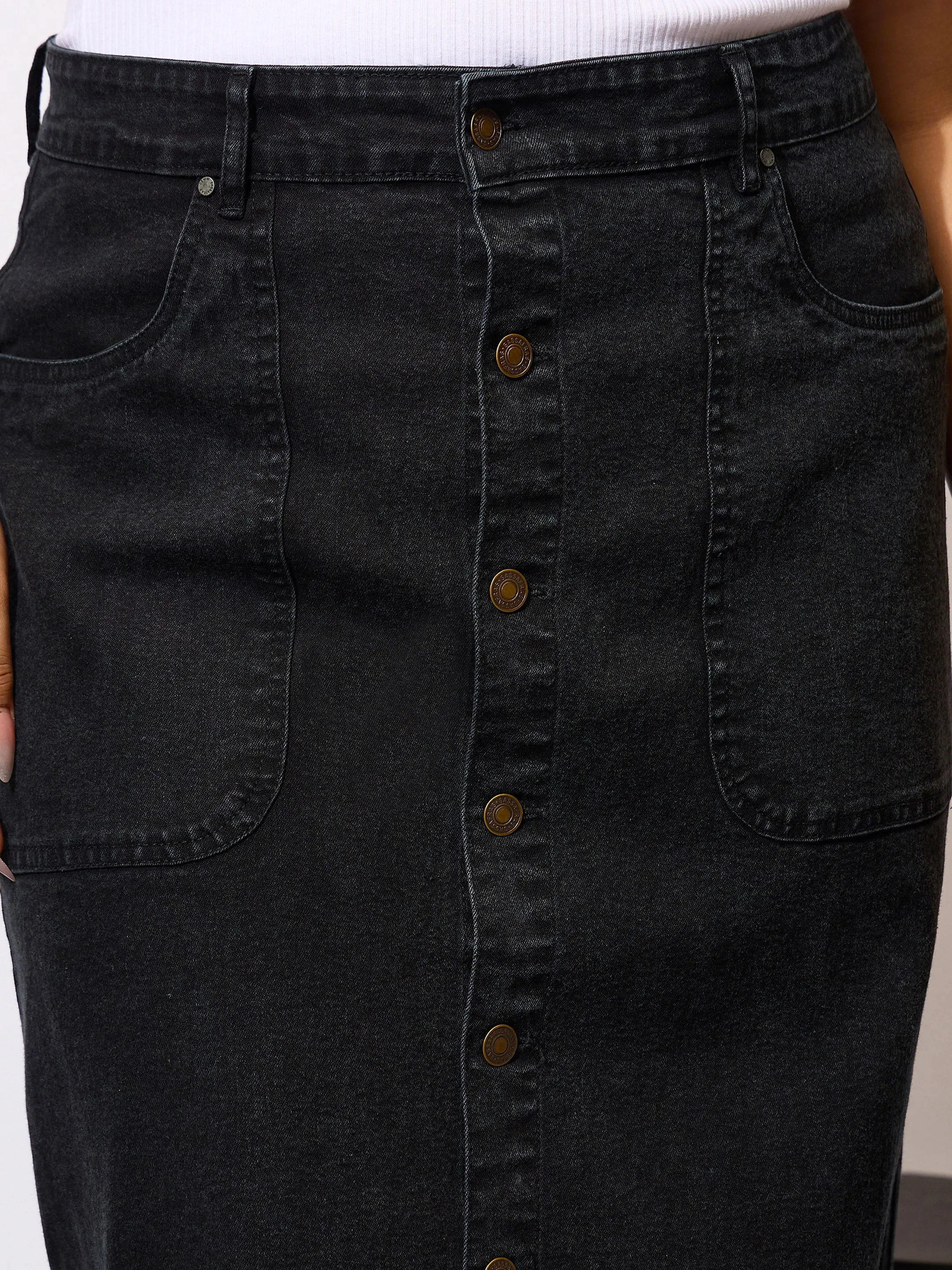 Women Black Denim Acid Wash Front Button Skirt