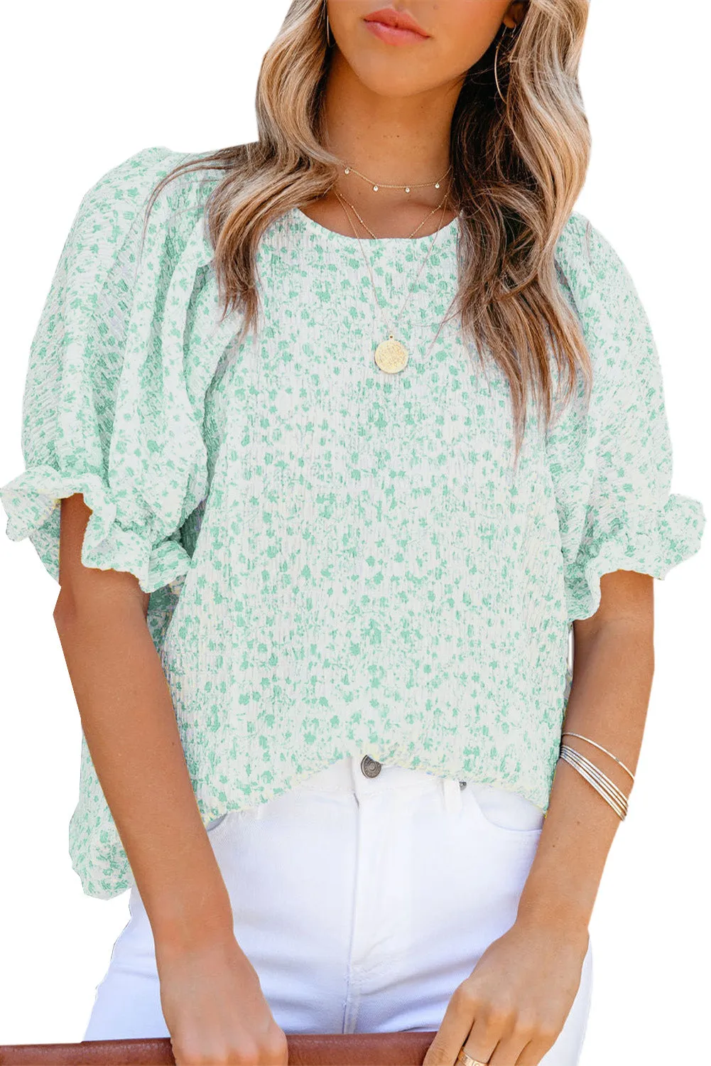 Women's Puff Sleeve T-Shirts Casual Floral Smocked Blouse