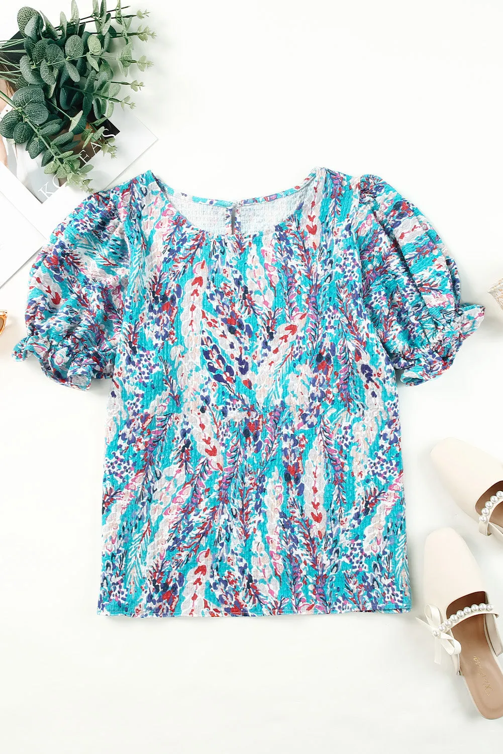 Women's Puff Sleeve T-Shirts Casual Floral Smocked Blouse