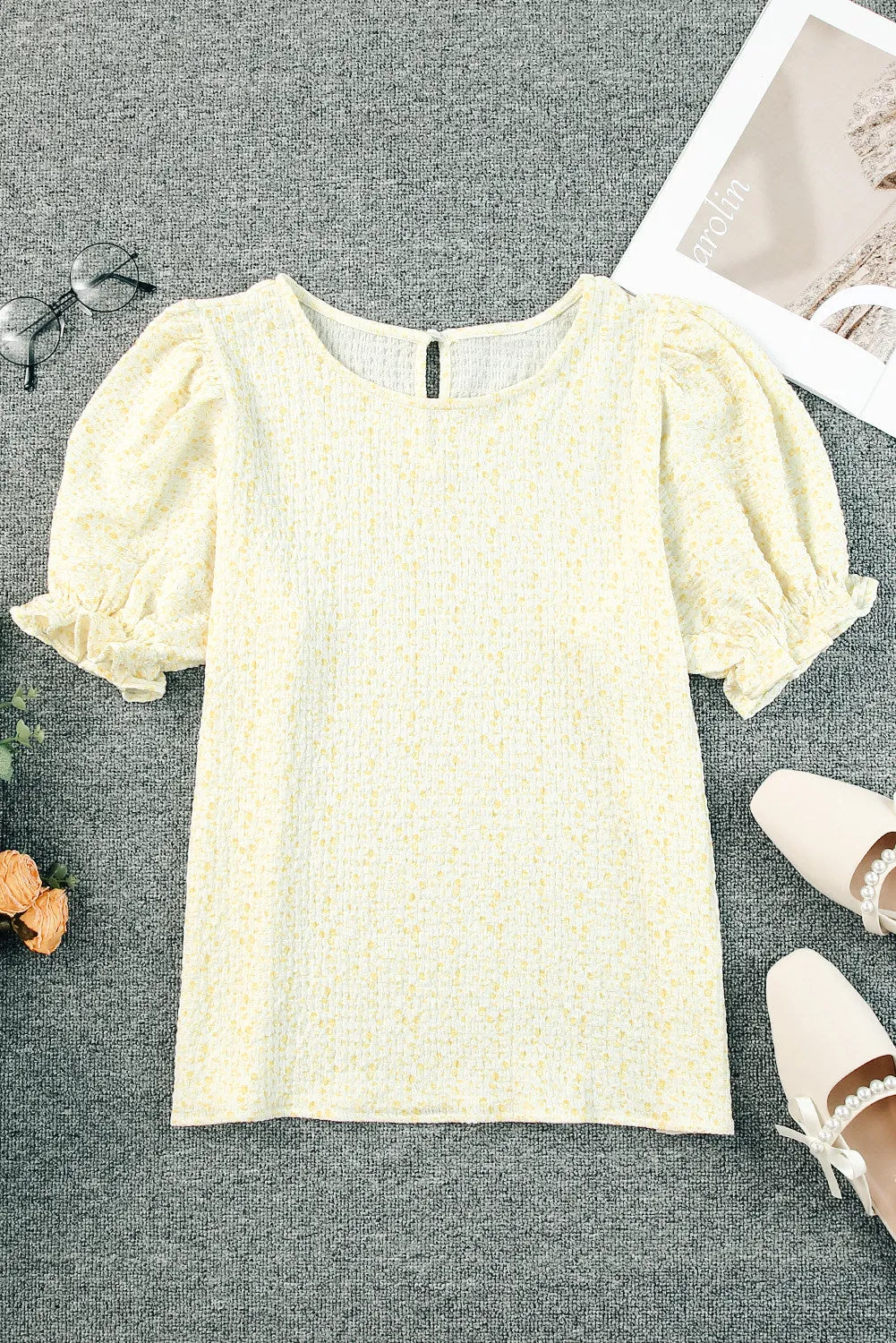 Women's Puff Sleeve T-Shirts Casual Floral Smocked Blouse