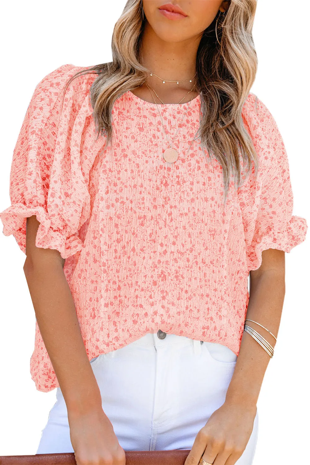 Women's Puff Sleeve T-Shirts Casual Floral Smocked Blouse