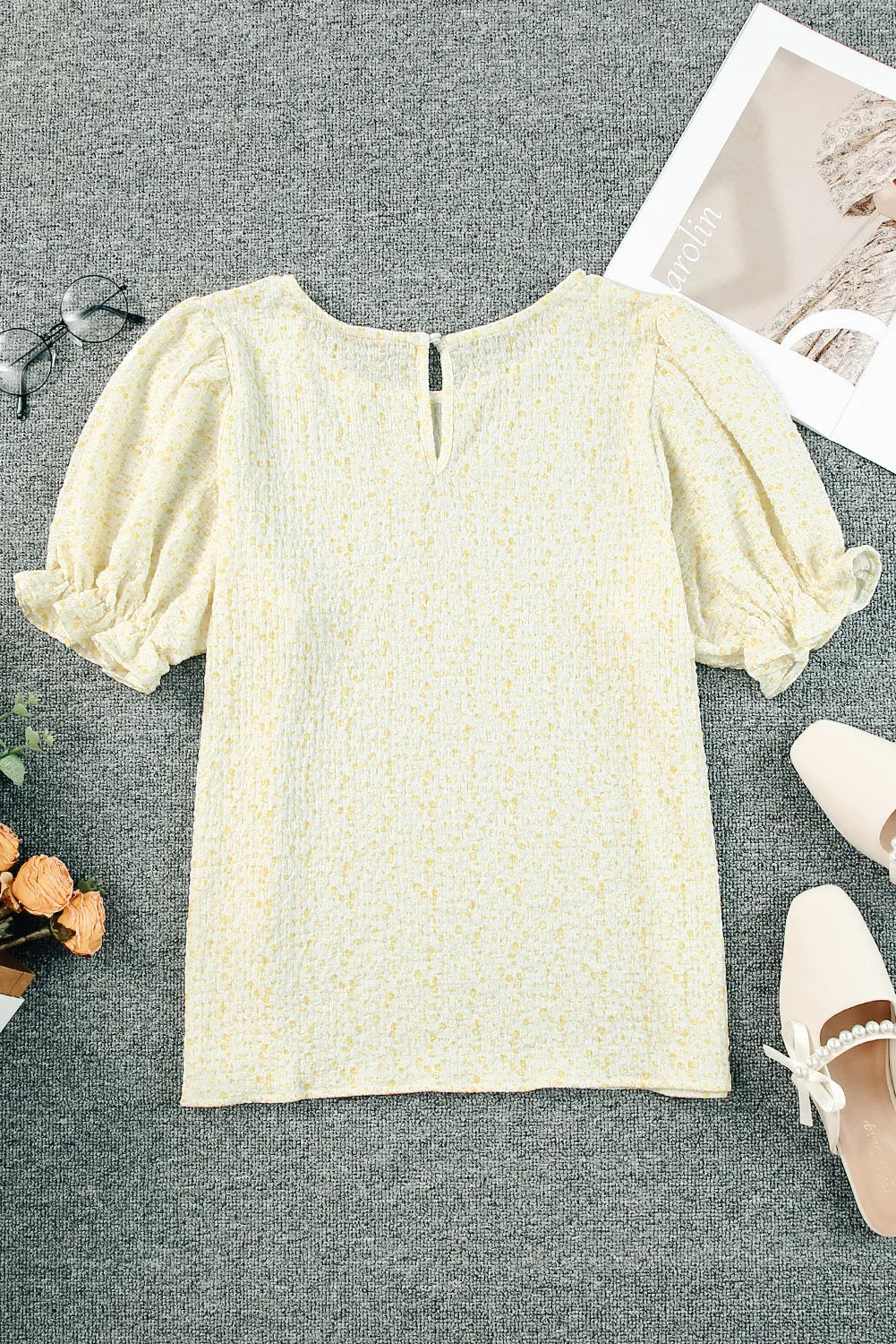 Women's Puff Sleeve T-Shirts Casual Floral Smocked Blouse