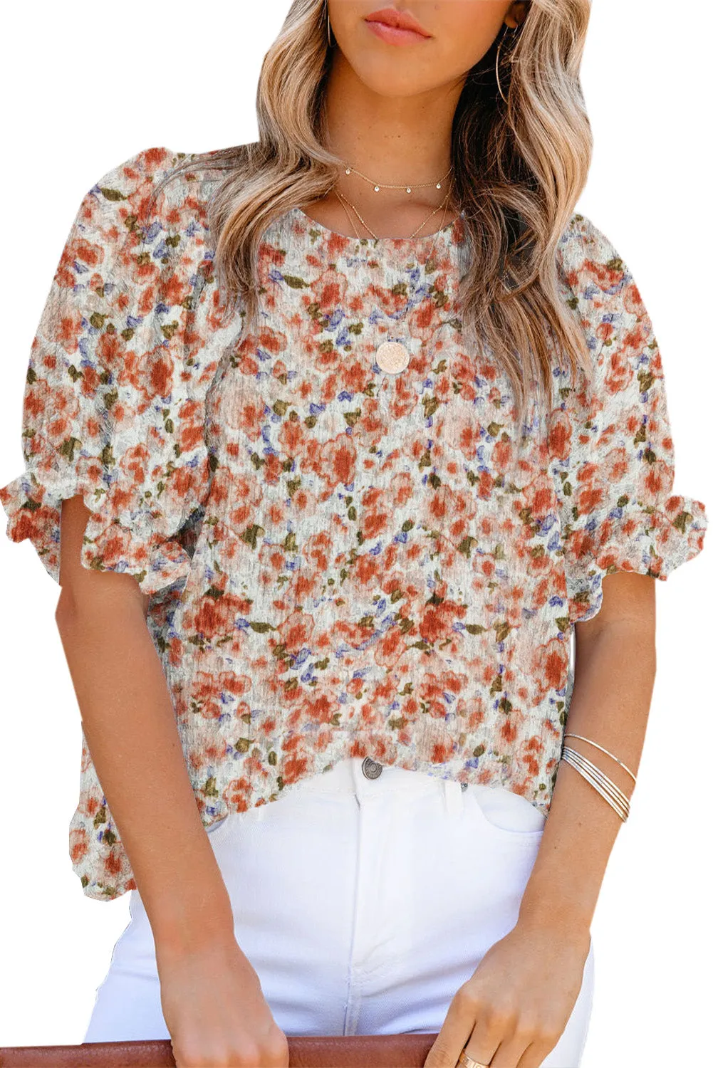 Women's Puff Sleeve T-Shirts Casual Floral Smocked Blouse