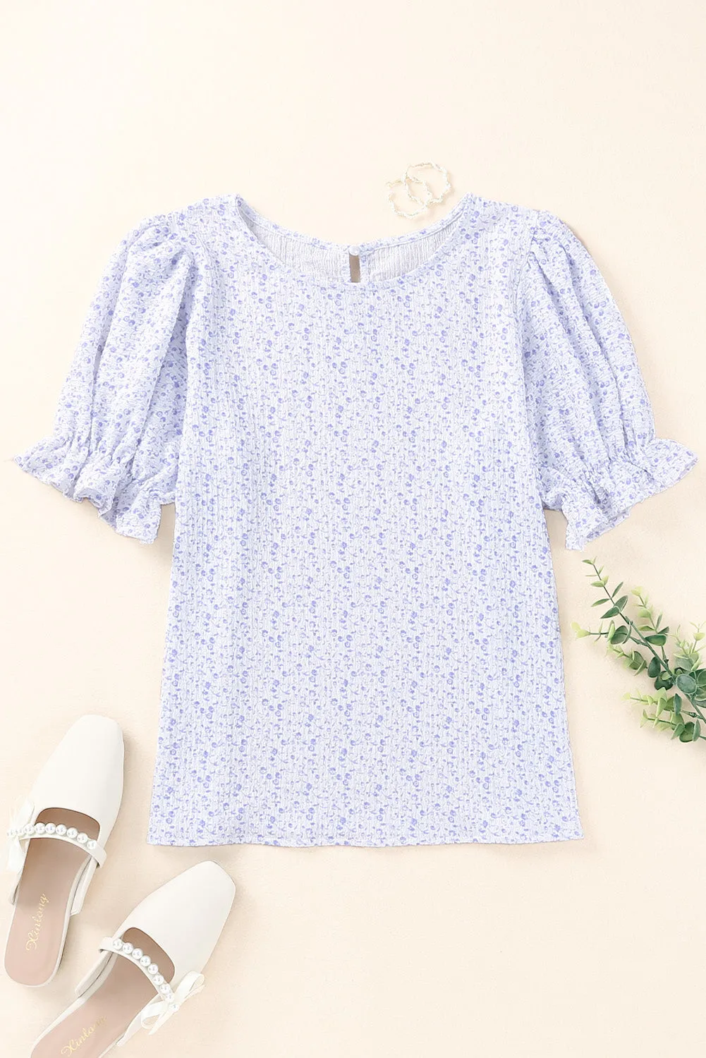 Women's Puff Sleeve T-Shirts Casual Floral Smocked Blouse