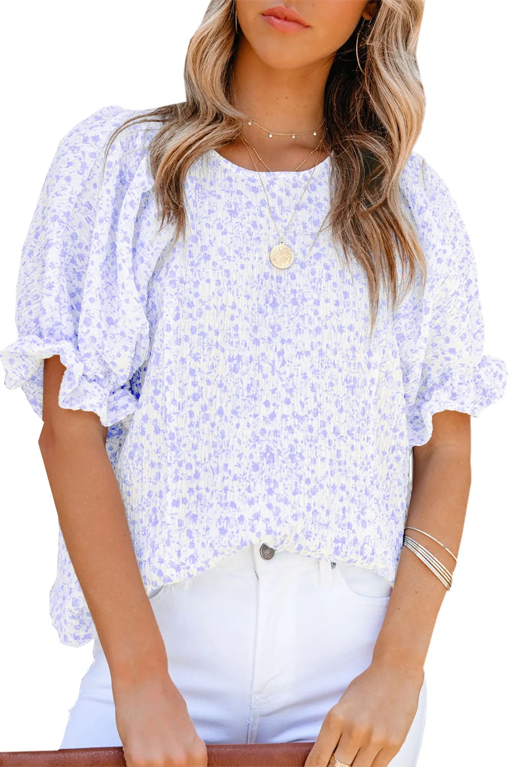 Women's Puff Sleeve T-Shirts Casual Floral Smocked Blouse