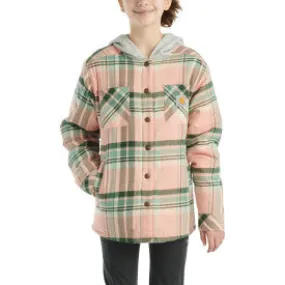 Youth Girls Long Sleeve Flannel Snap Front Hooded Shirt Jacket - Peach Amber