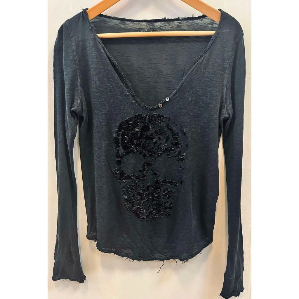 Zadig & Voltaire Velvet Skull Henley T-Shirt - Size Small